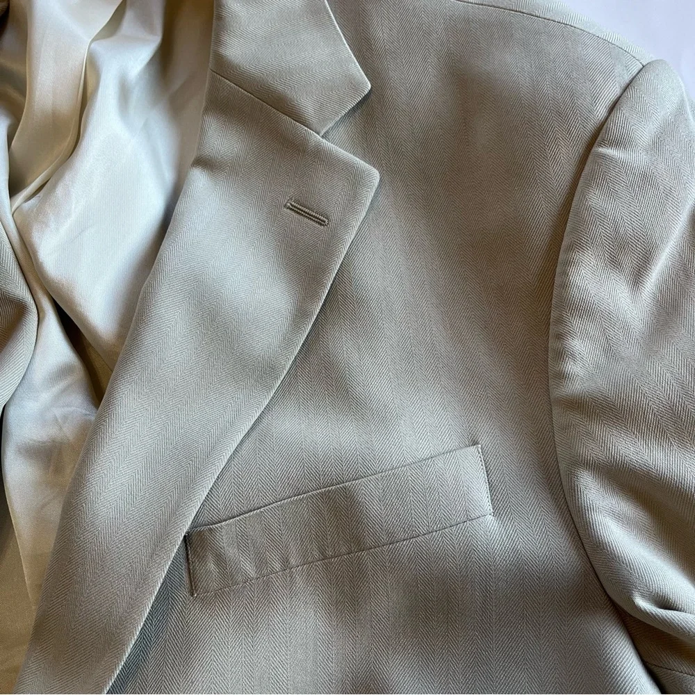 Oscar De‎ La Renta Men's 44L 100% Silk Sport Coat Beige Herringbone Blazer
